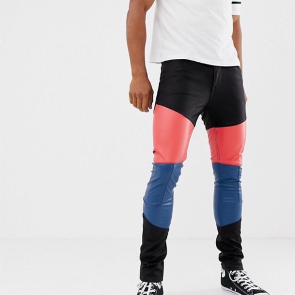 ASOS super skinny jean leather look w/ color block